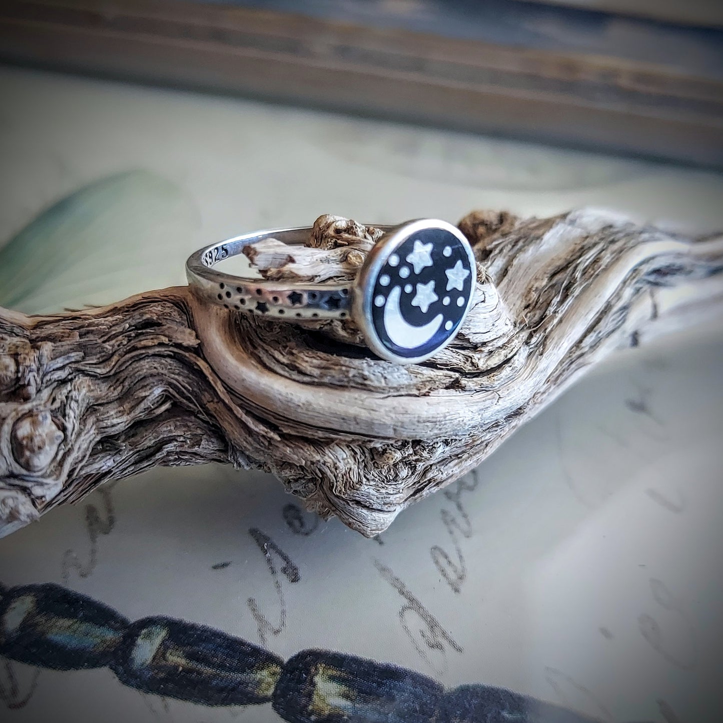 Sterling Silver Crescent Moon with Stars Ring
