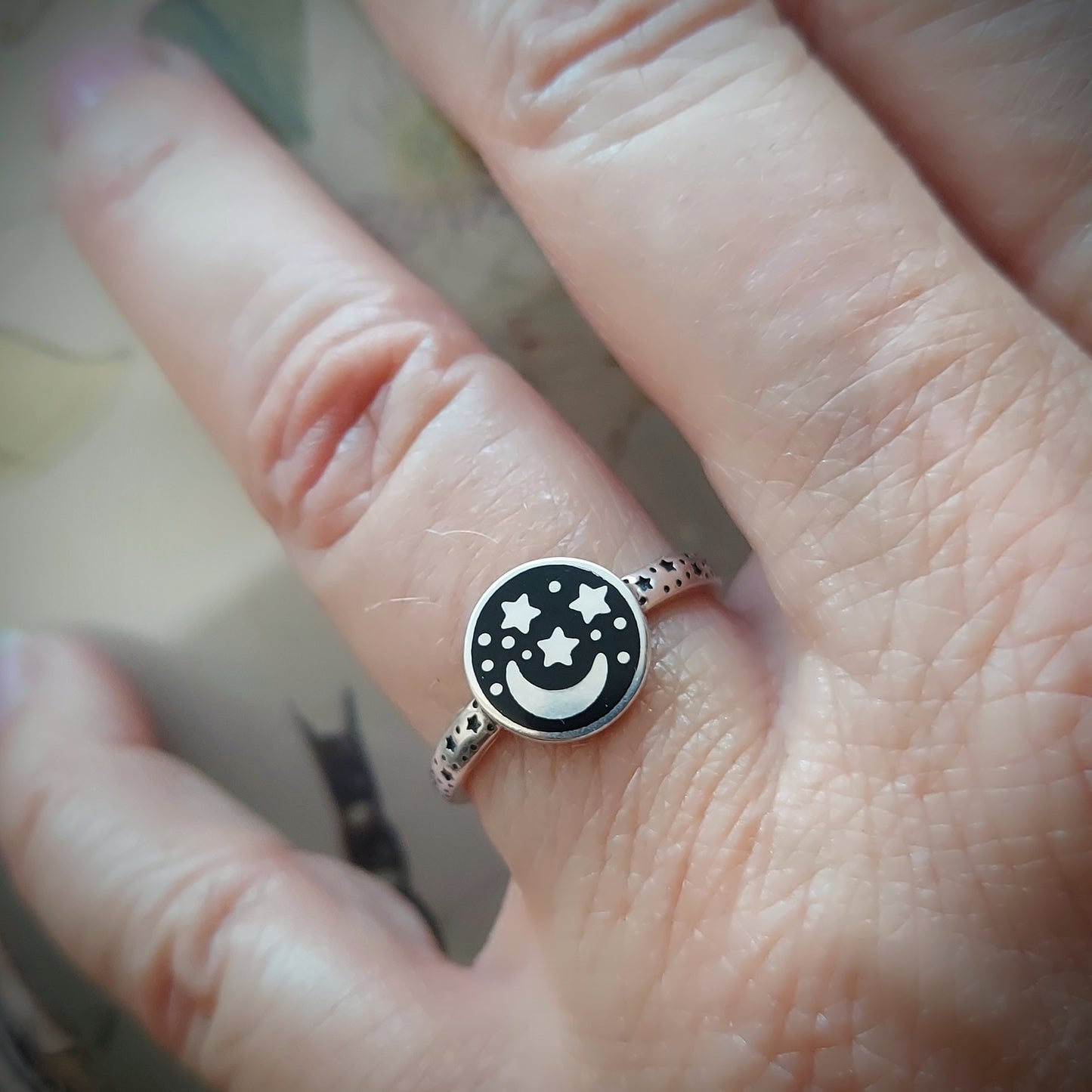 Sterling Silver Crescent Moon with Stars Ring