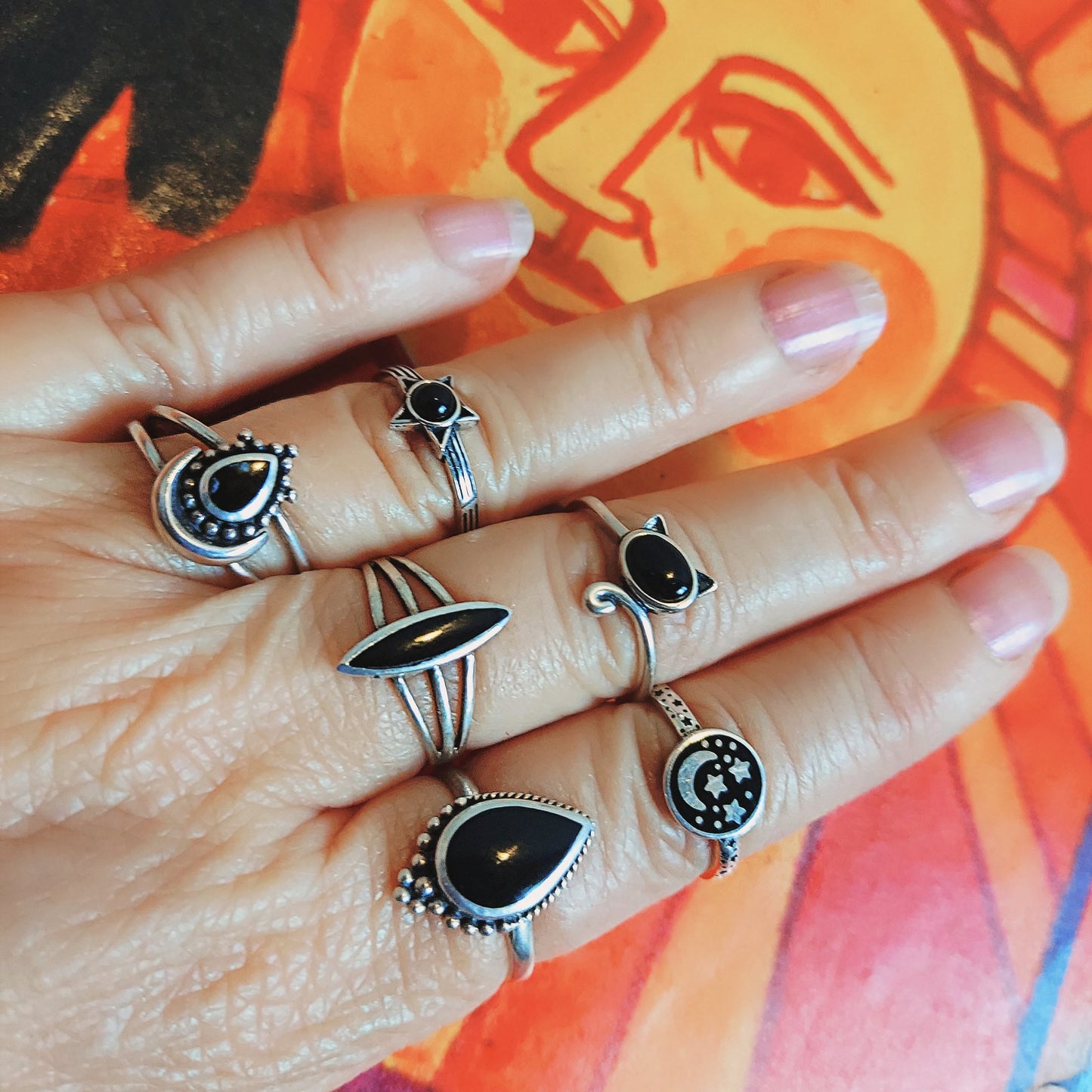 Sterling Silver Crescent Moon with Stars Ring
