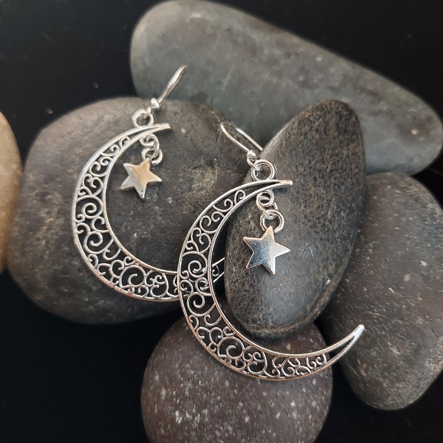 Crescent Moon and Star Earrings Silver