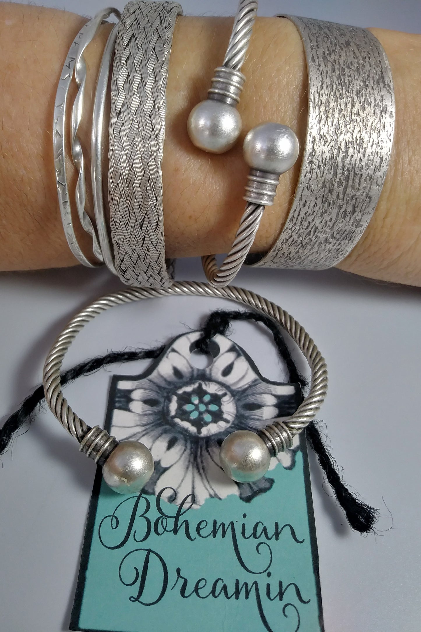 Boho silver bangle in bohemian jewelry