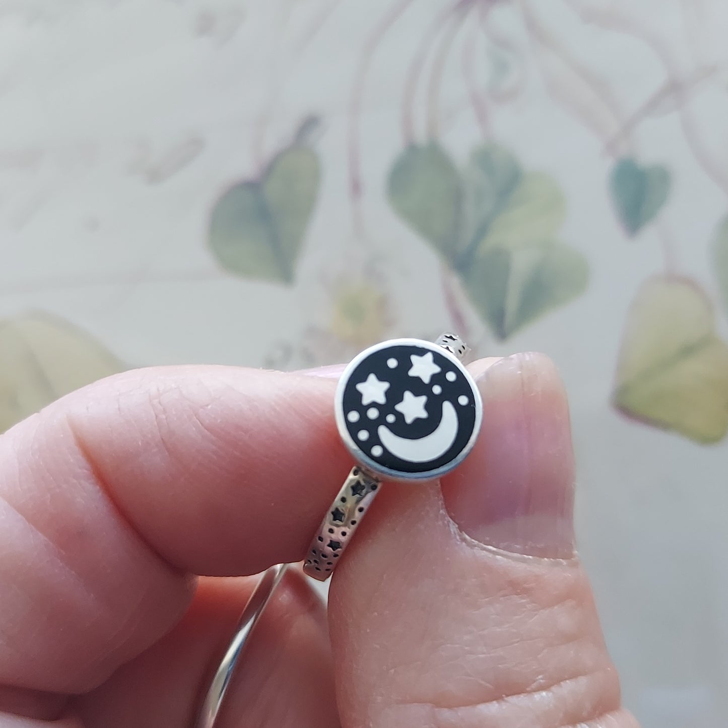 Sterling Silver Crescent Moon with Stars Ring