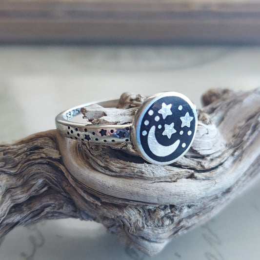 Sterling Silver Crescent Moon with Stars Ring