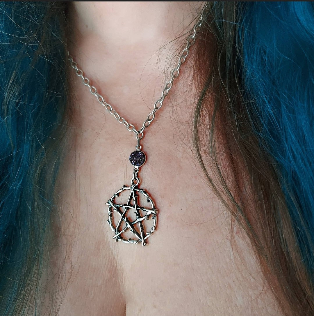Pentagram with Purple Druzy Necklace