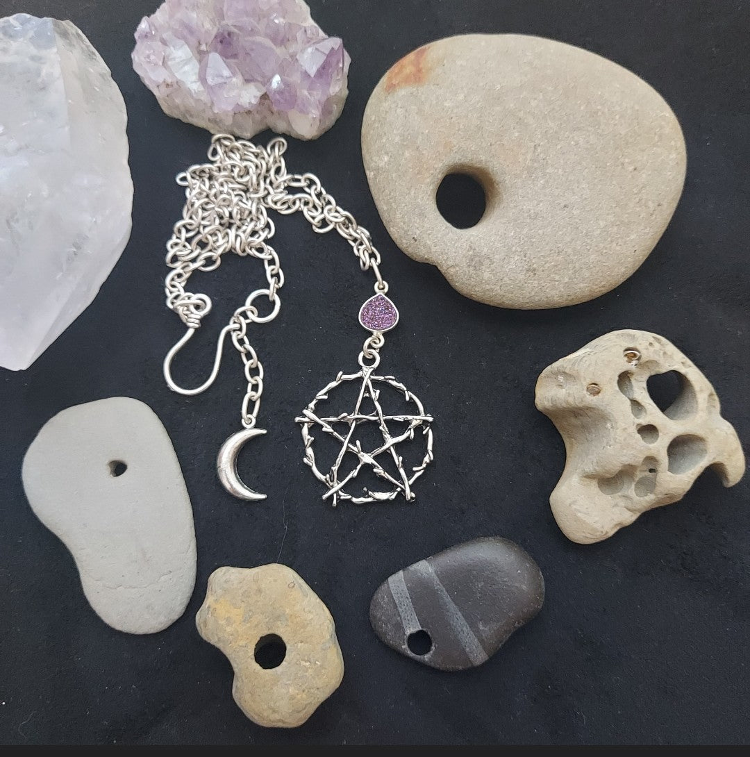 Pentagram with Purple Druzy Necklace