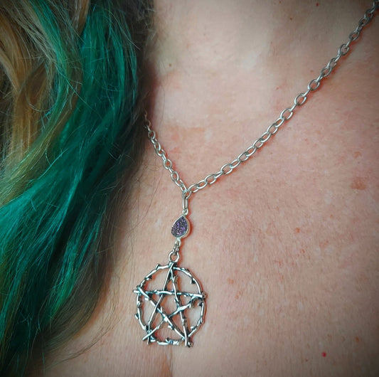 Pentagram with Purple Druzy Necklace