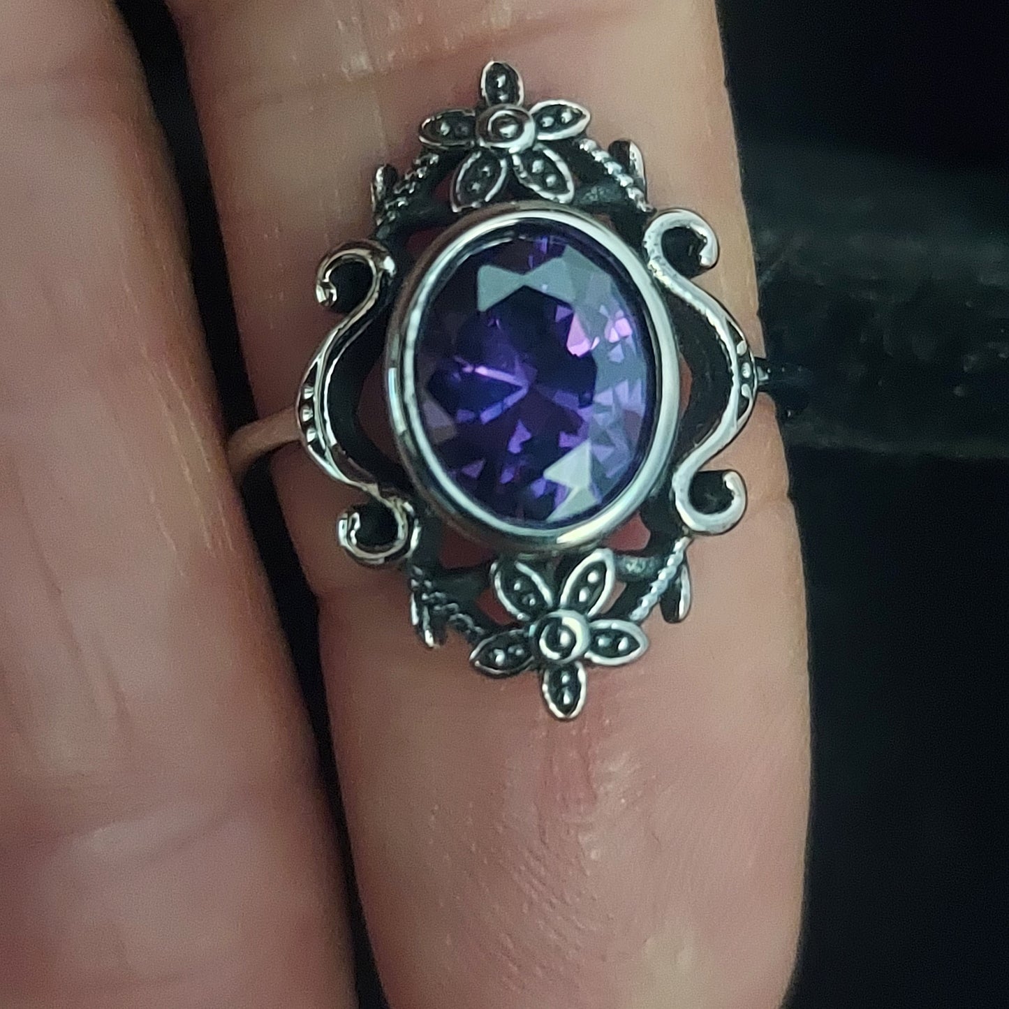 Floral Gothic Ring With Purple Zircon