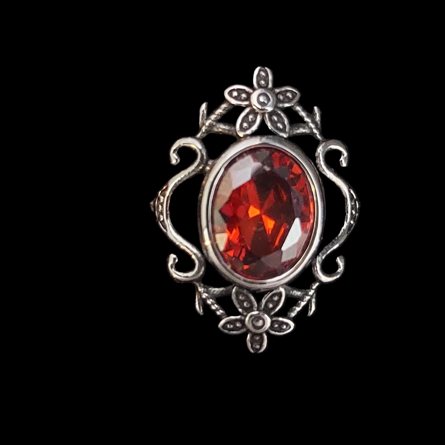 Floral Gothic Ring With Red Zircon