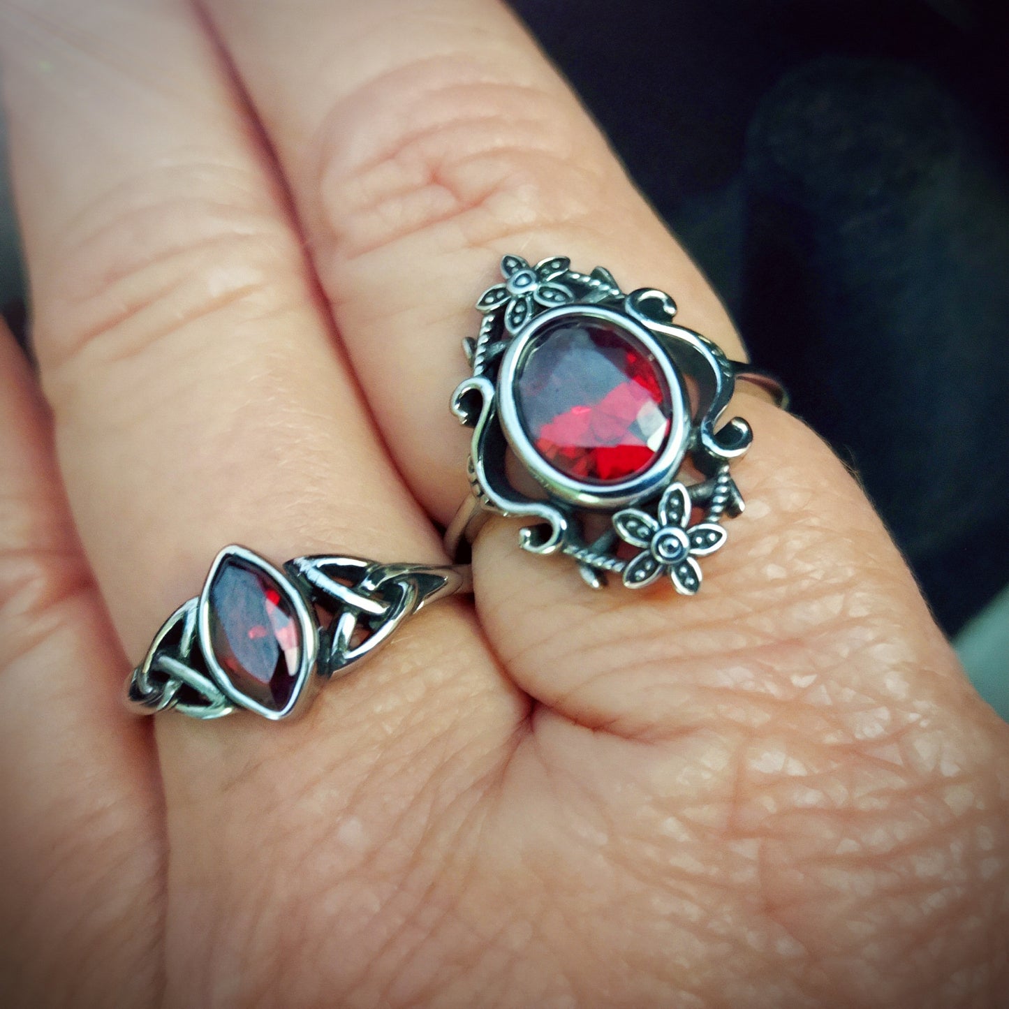 Floral Gothic Ring With Red Zircon