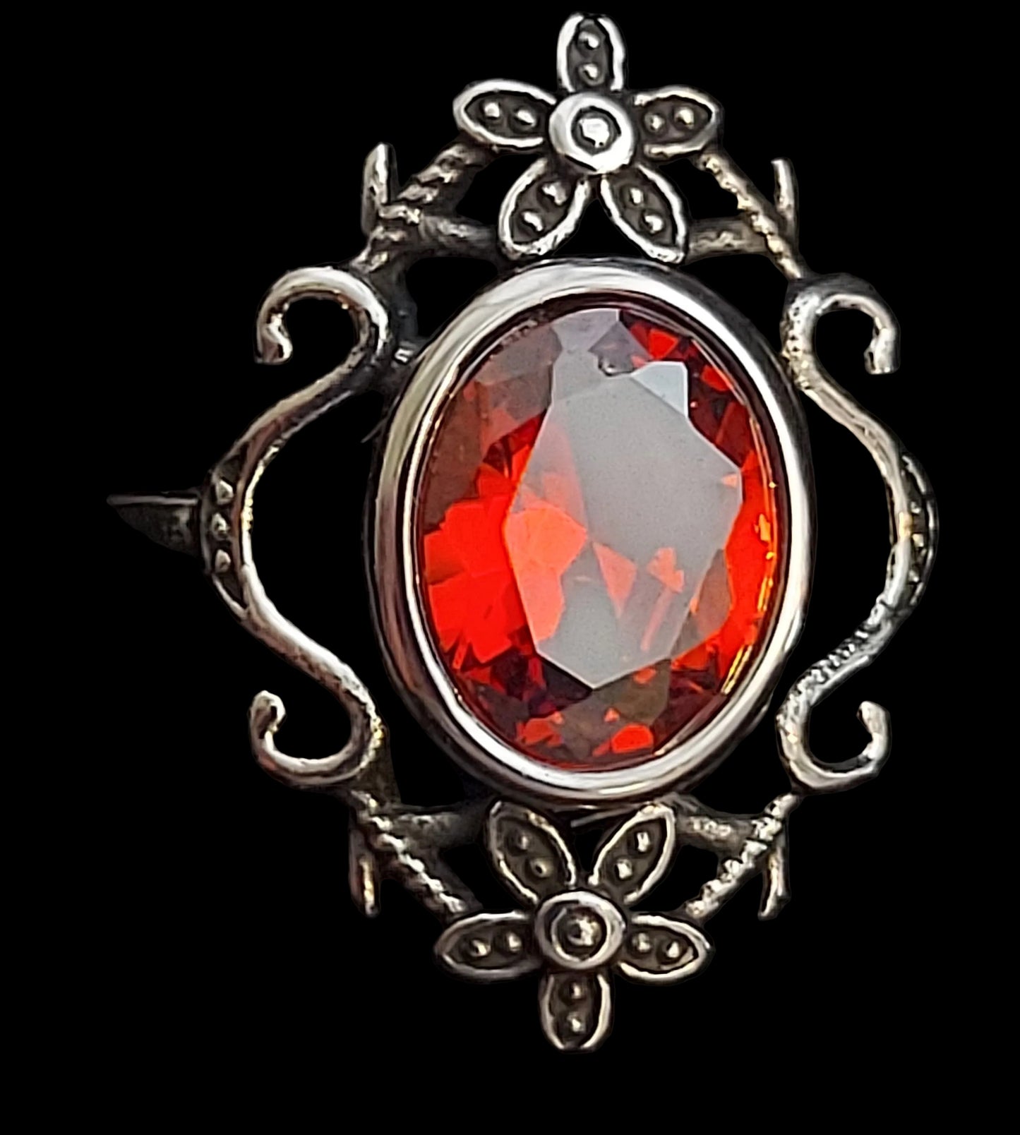 Floral Gothic Ring With Red Zircon