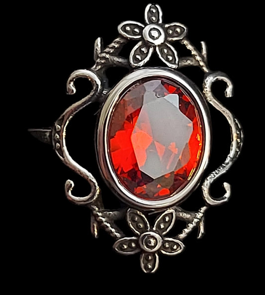 Floral Gothic Ring With Red Zircon
