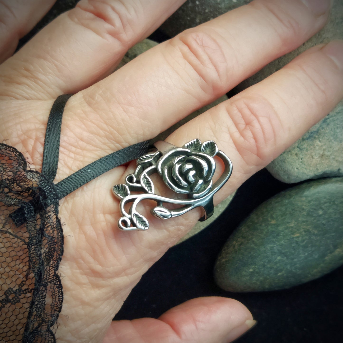 Rose with Swirling Leaves Ring
