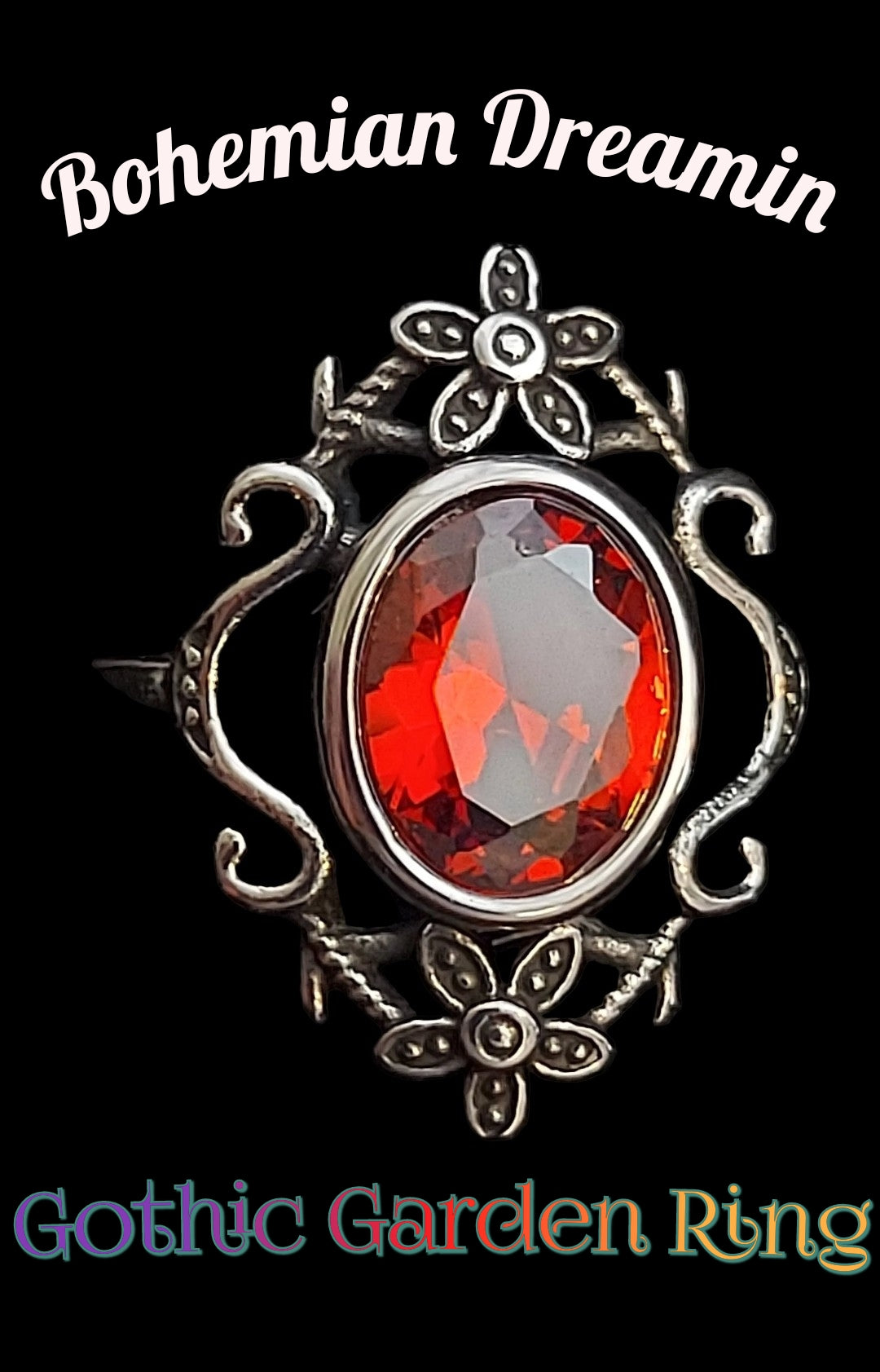 Floral Gothic Ring With Red Zircon