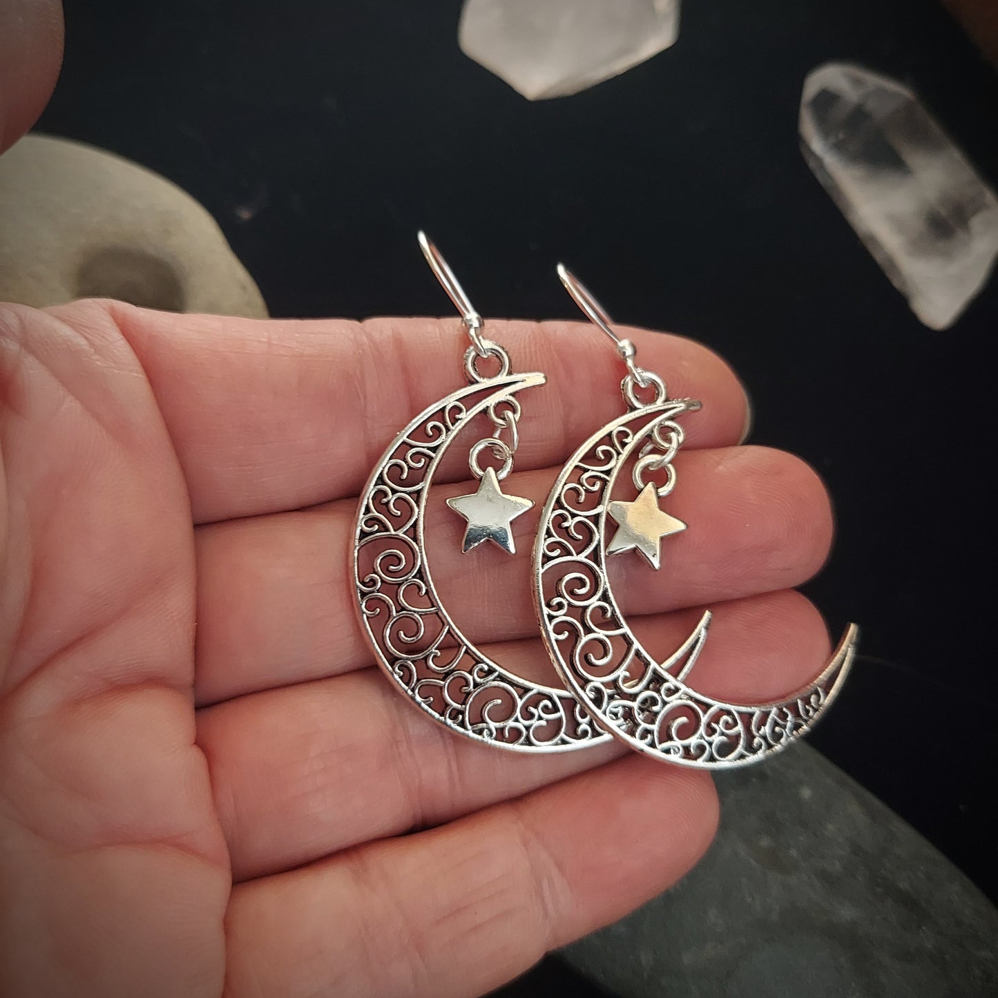Crescent Moon and Star Earrings Silver
