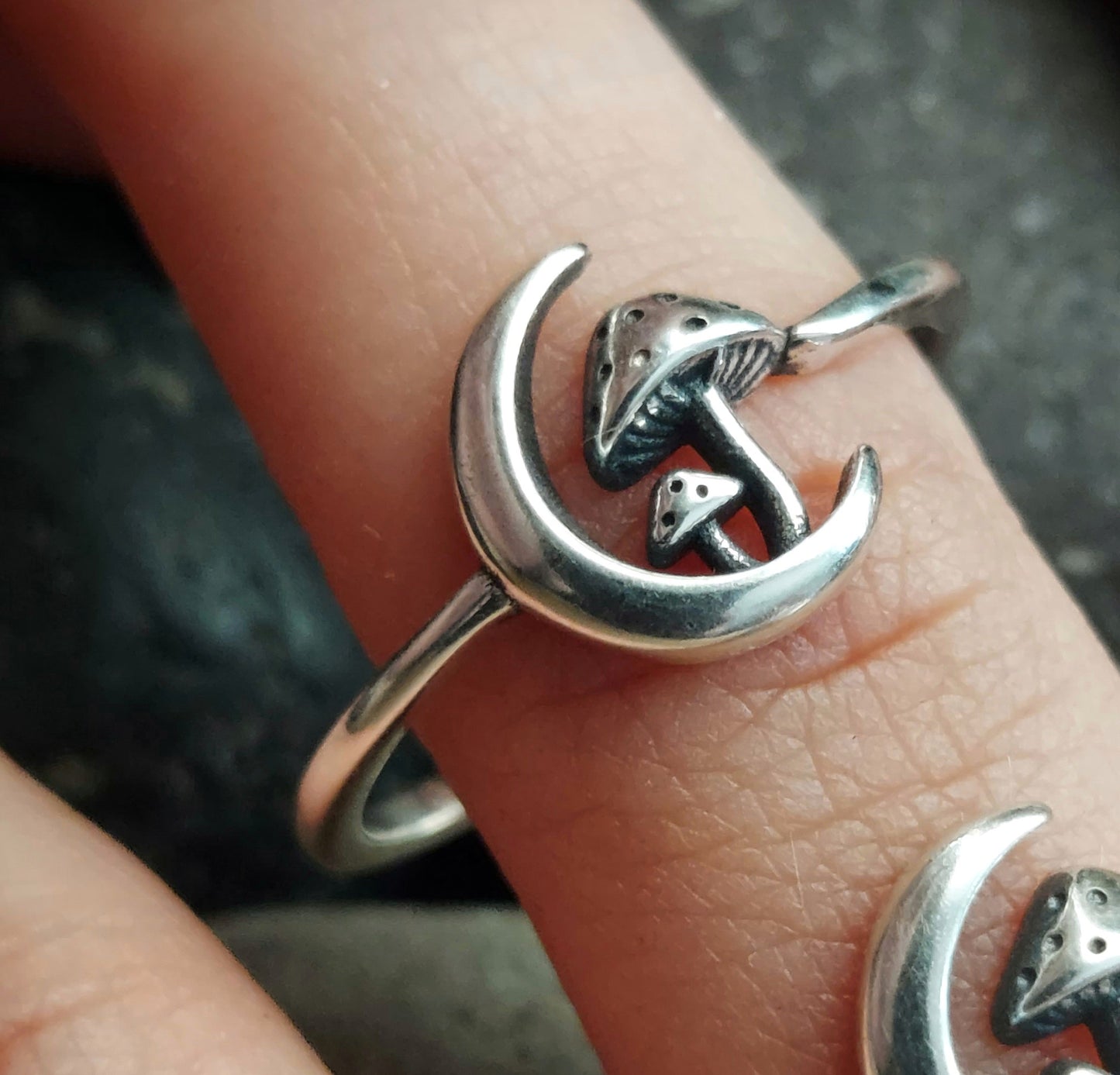 Sterling Silver Mushroom in Moon Ring
