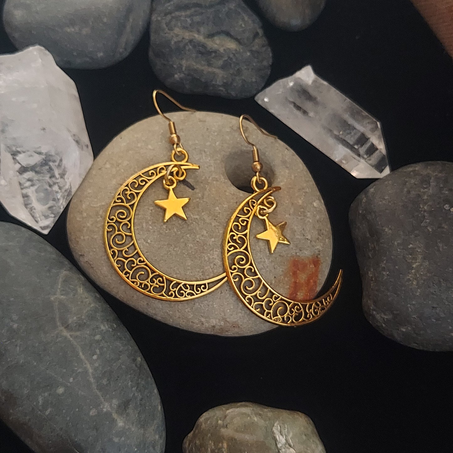 Crescent Moon and Star Earrings Gold