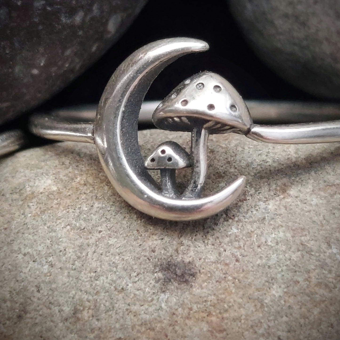 Sterling Silver Mushroom in Moon Ring