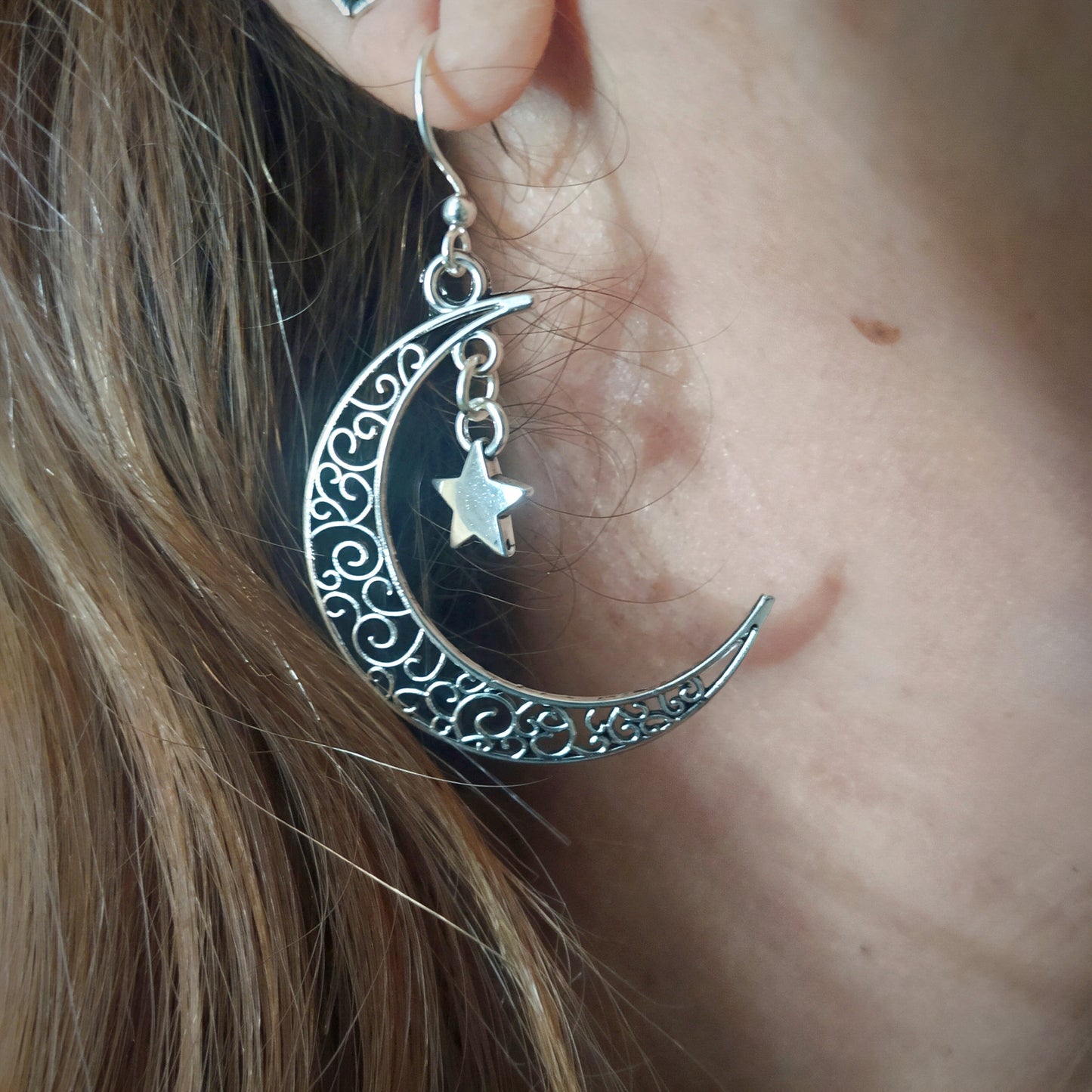 Crescent Moon and Star Earrings Silver