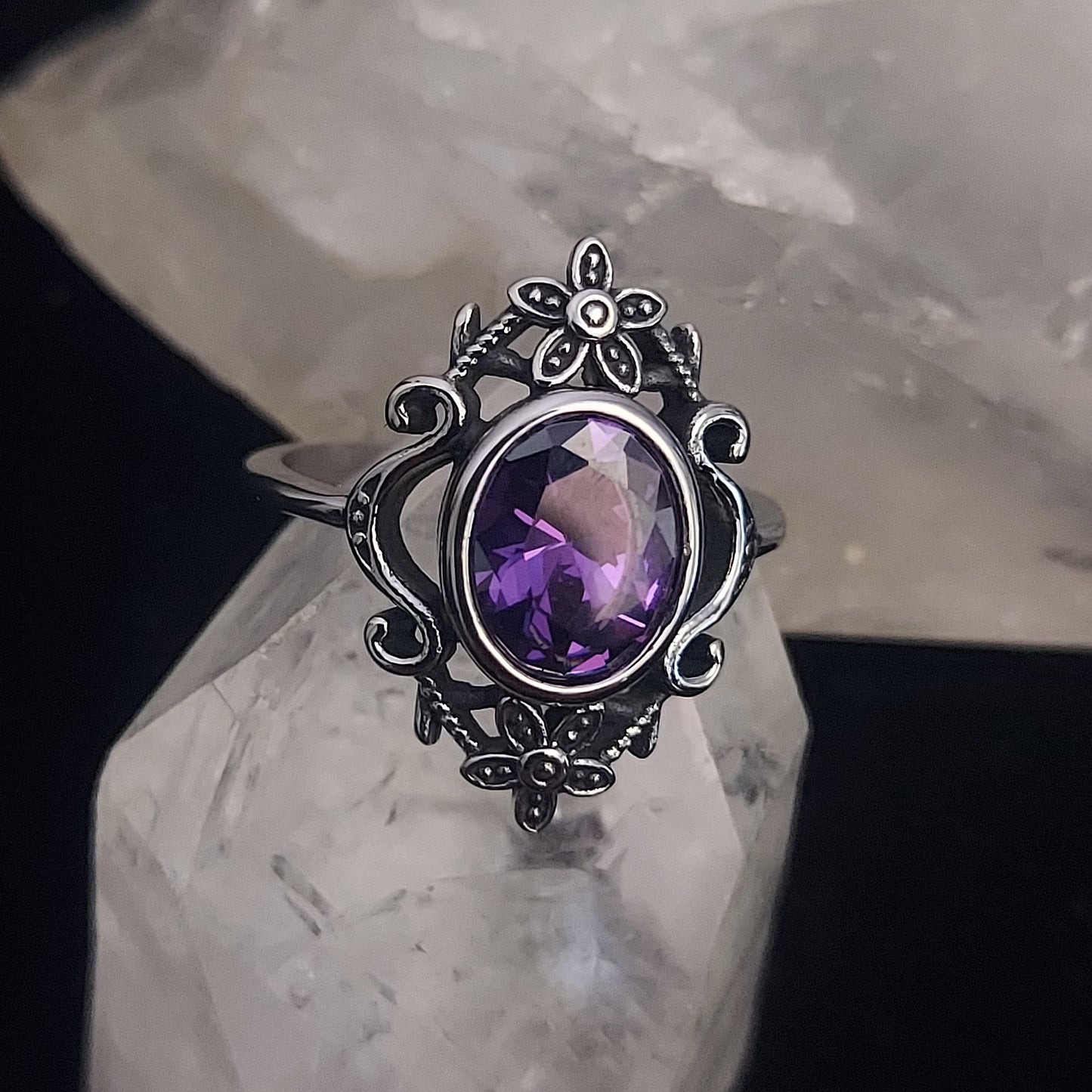 Floral Gothic Ring With Purple Zircon