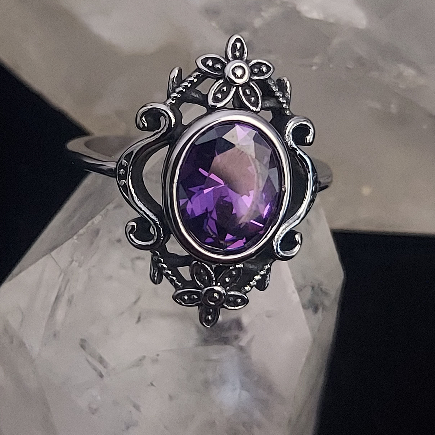 Floral Gothic Ring With Purple Zircon