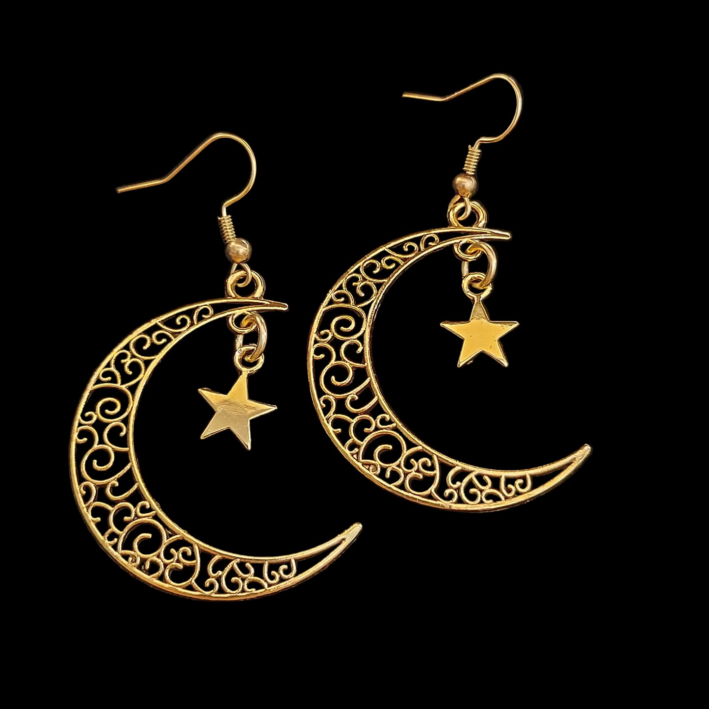 Crescent Moon and Star Earrings Gold