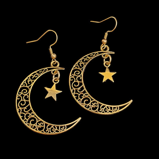 Crescent Moon and Star Earrings Gold