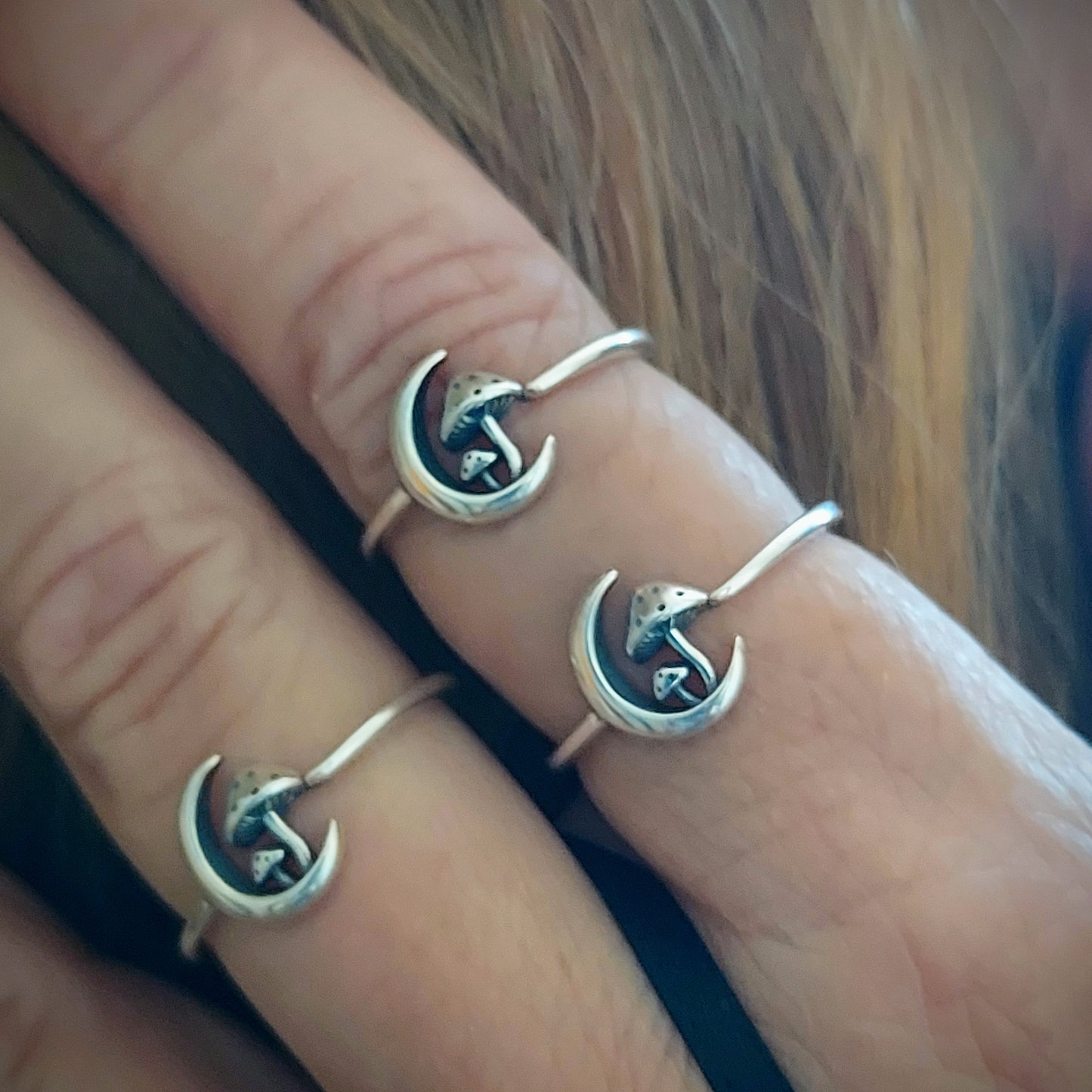 Sterling Silver Mushroom in Moon Ring