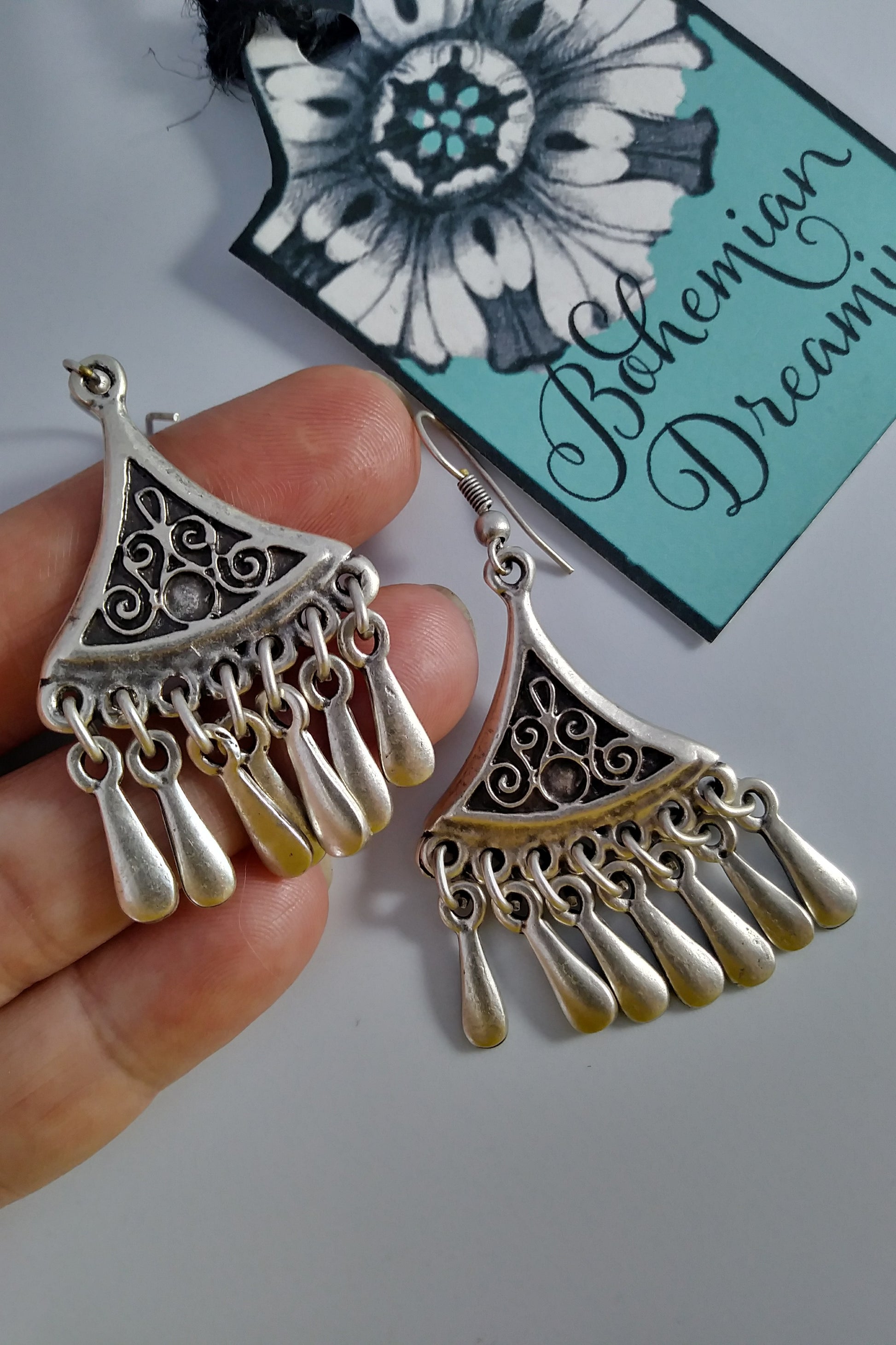 Boho silver earrings in bohemian jewelry