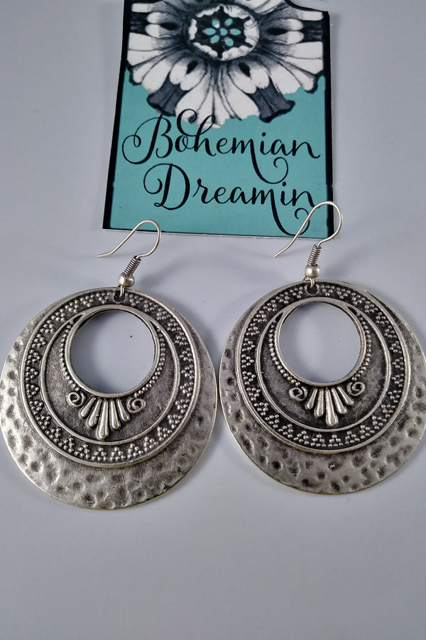 Boho silver hoop earrings in bohemian jewelry
