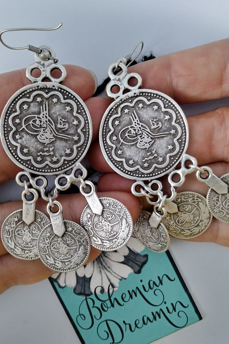 Boho silver coin earrings in bohemian jewelry