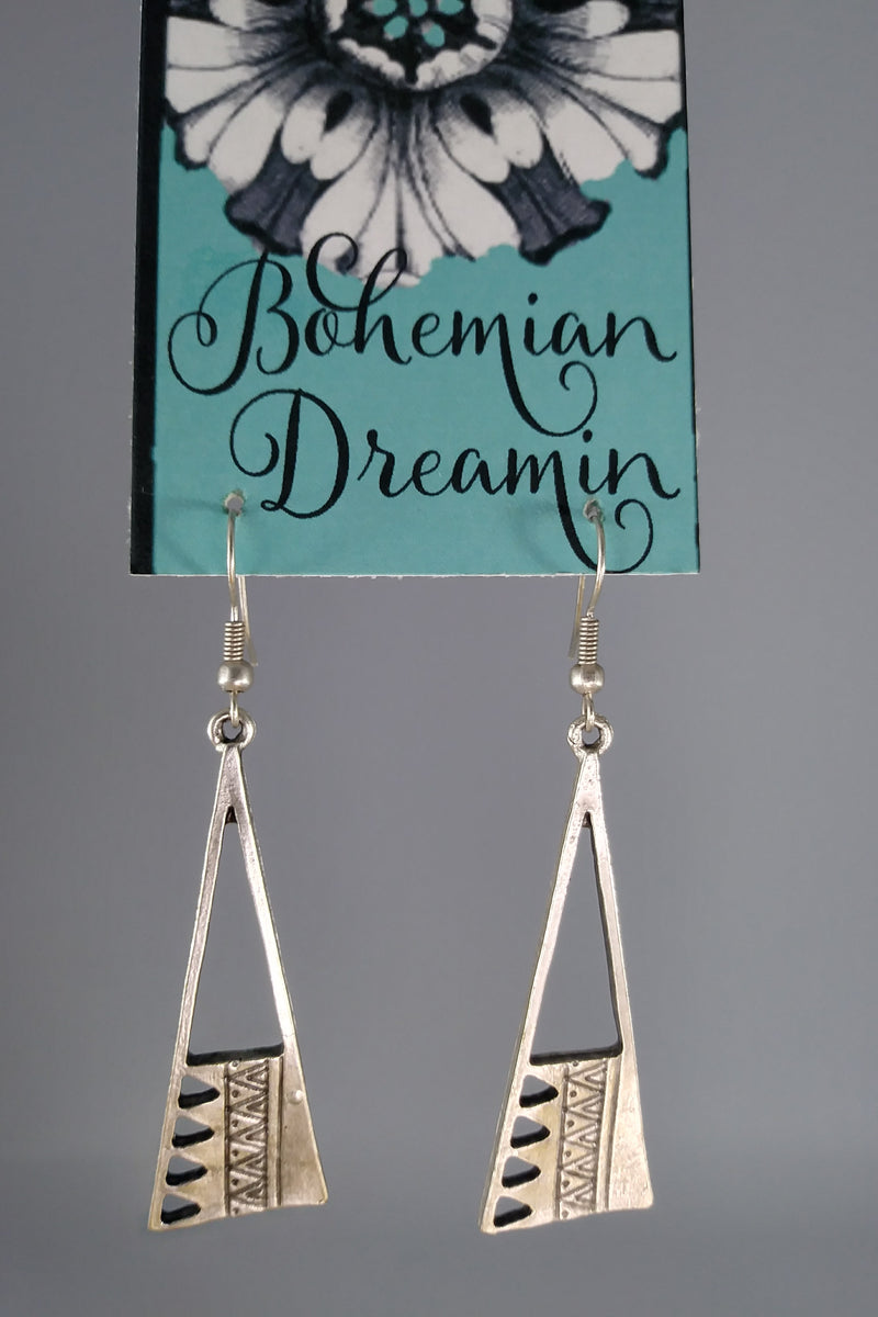 Boho silver triangle earrings in boho jewelry