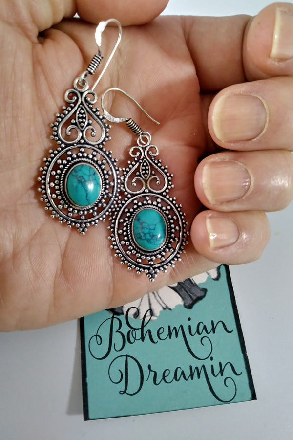 Boho turquoise silver earrings im bohemian jewelry