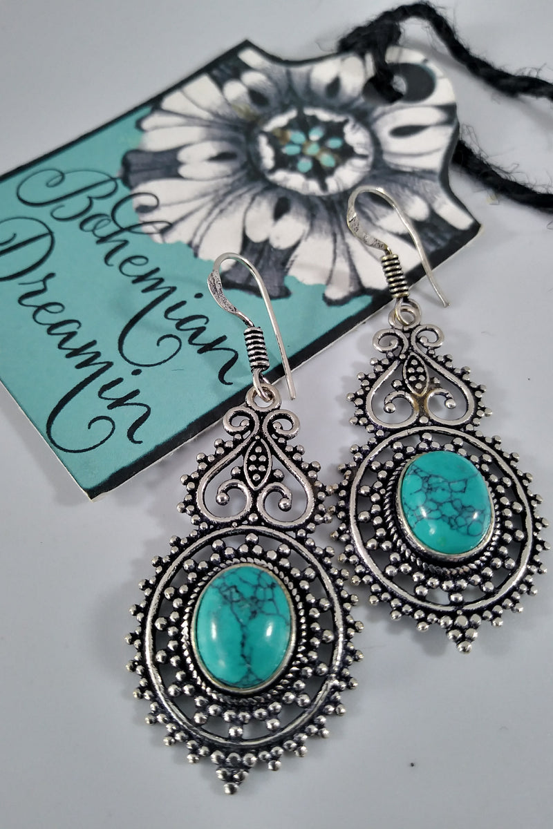 Boho turquoise silver earrings im bohemian jewelry