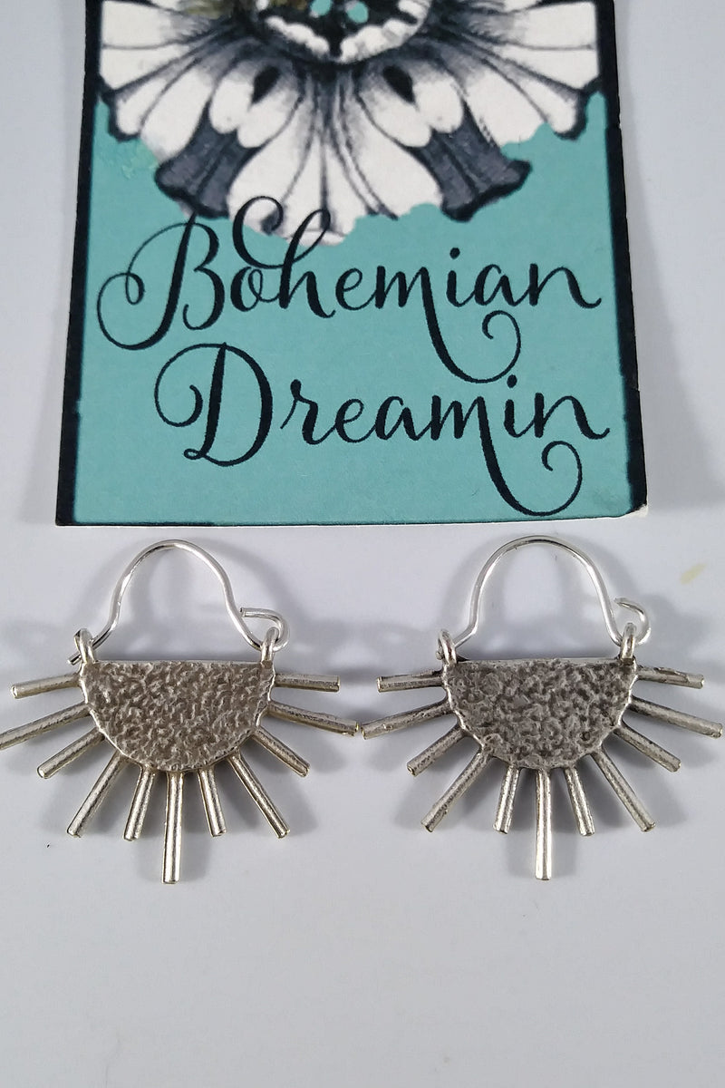 Boho silver sun earrings in bohemian jewelry