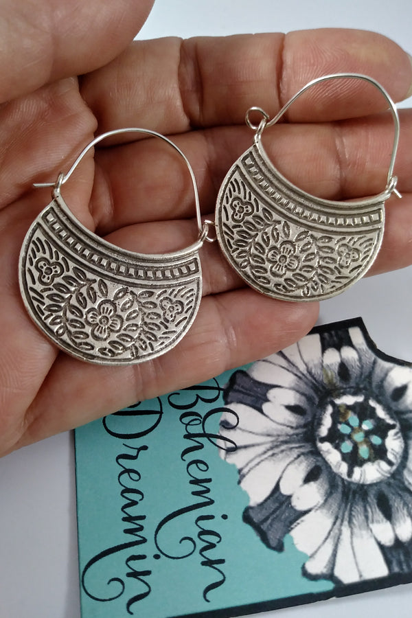 Boho silver earrings in bohemian jewelry