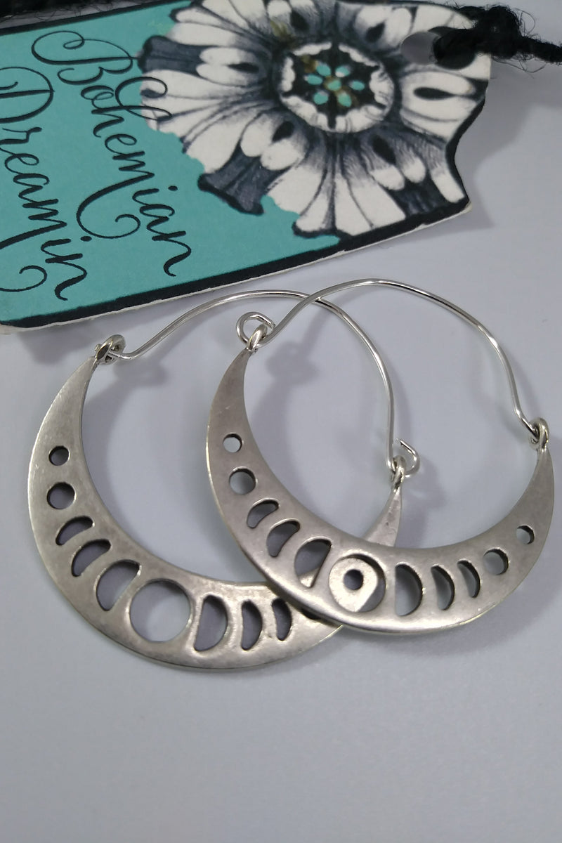 Boho silver moon phases earrings in bohemian jewelry