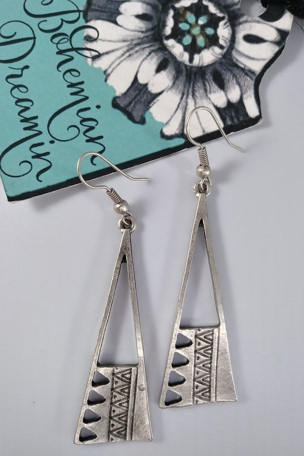 Boho silver triangle earrings in boho jewelry