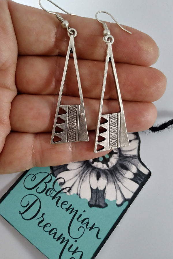 Boho silver triangle earrings in boho jewelry