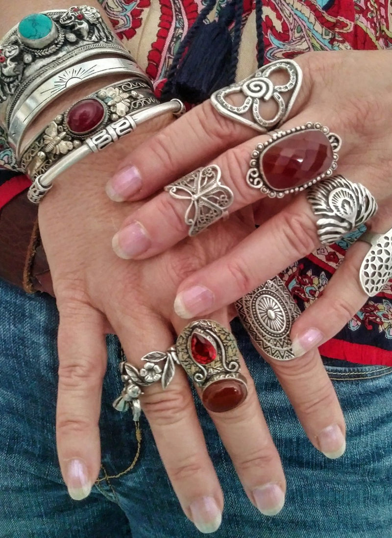 Boho peacock feather ring in bohemian jewelry