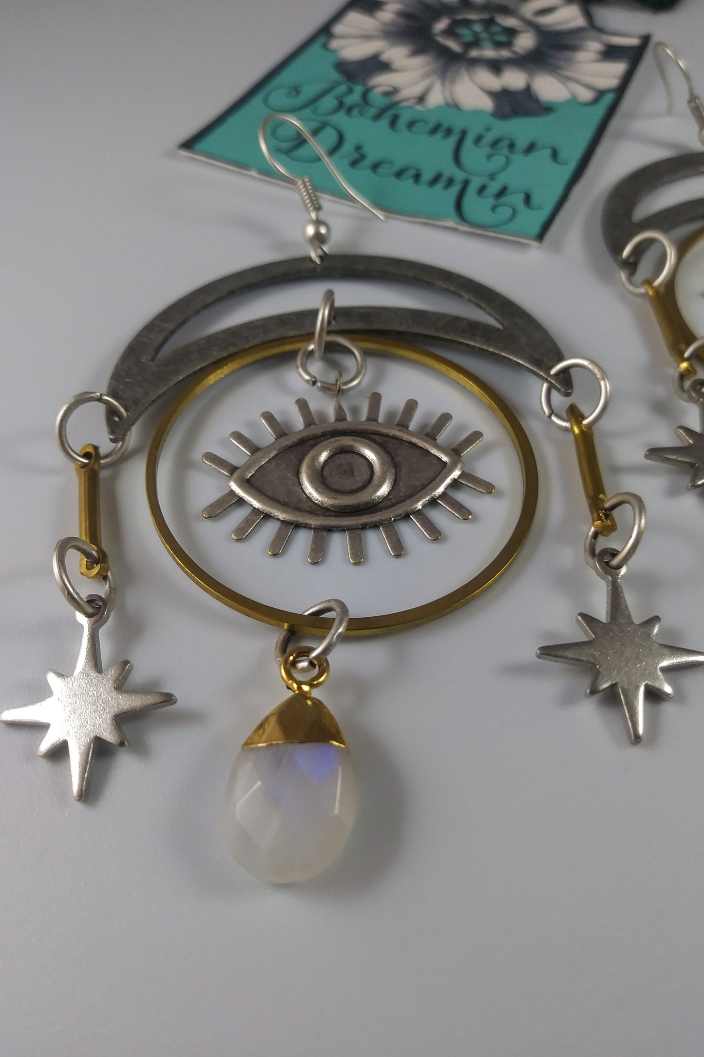 Boho Eye crescent moon earrings in bohemian jewelry