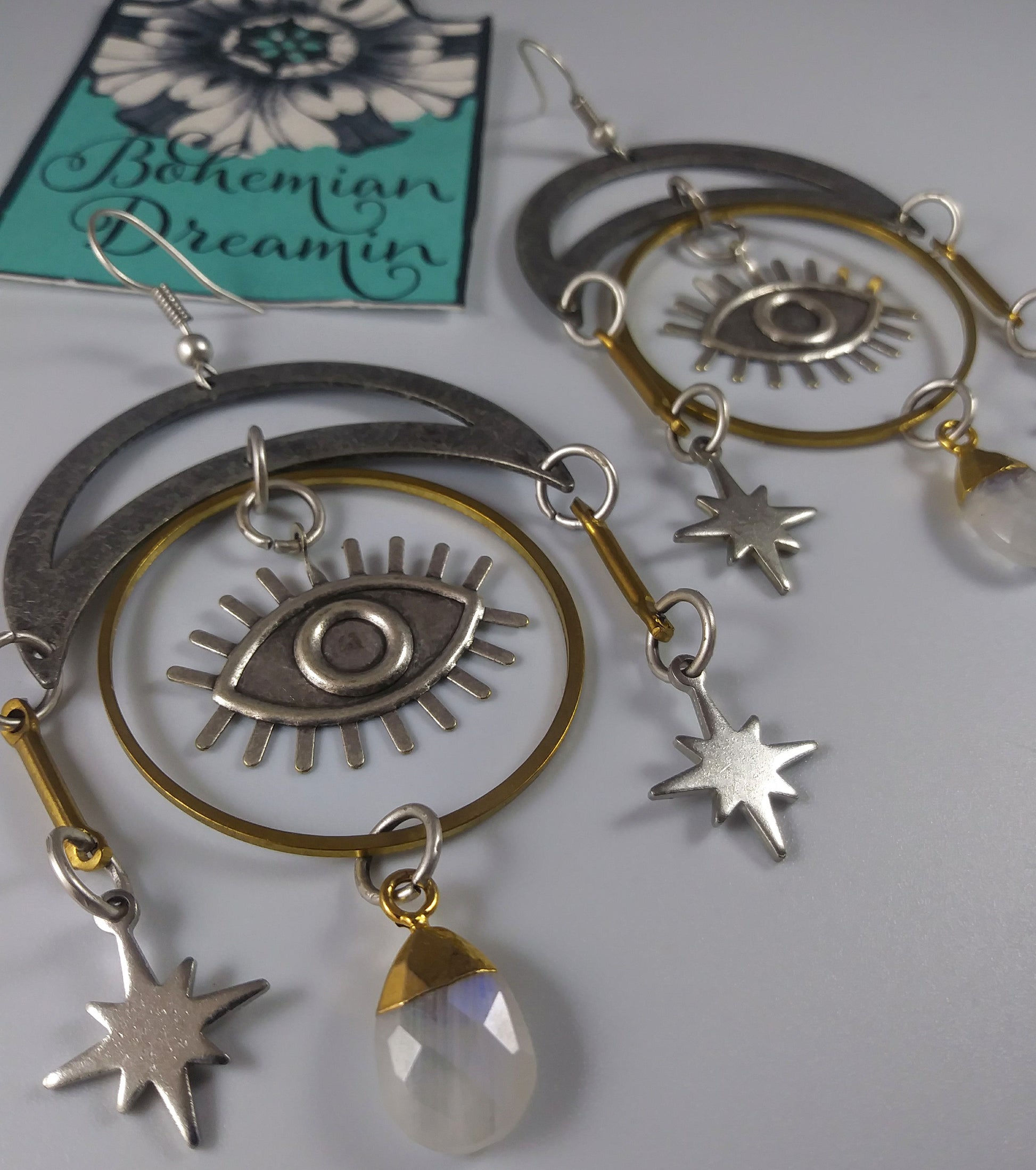 Boho Eye crescent moon earrings in bohemian jewelry