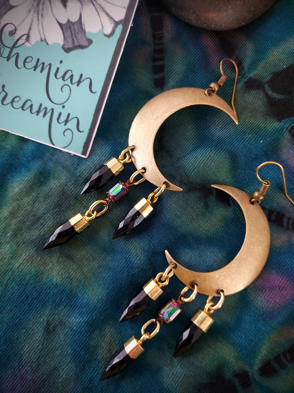 Crescent Moon with Onyx  Earrings