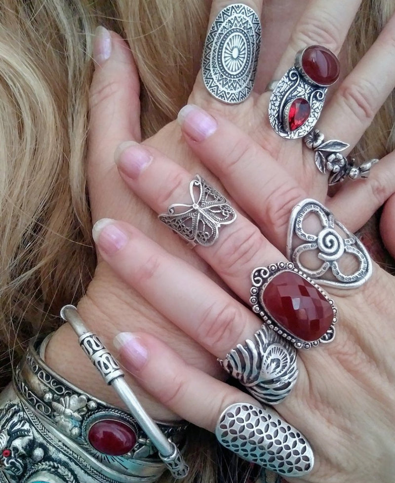 Boho peacock feather ring in bohemian jewelry