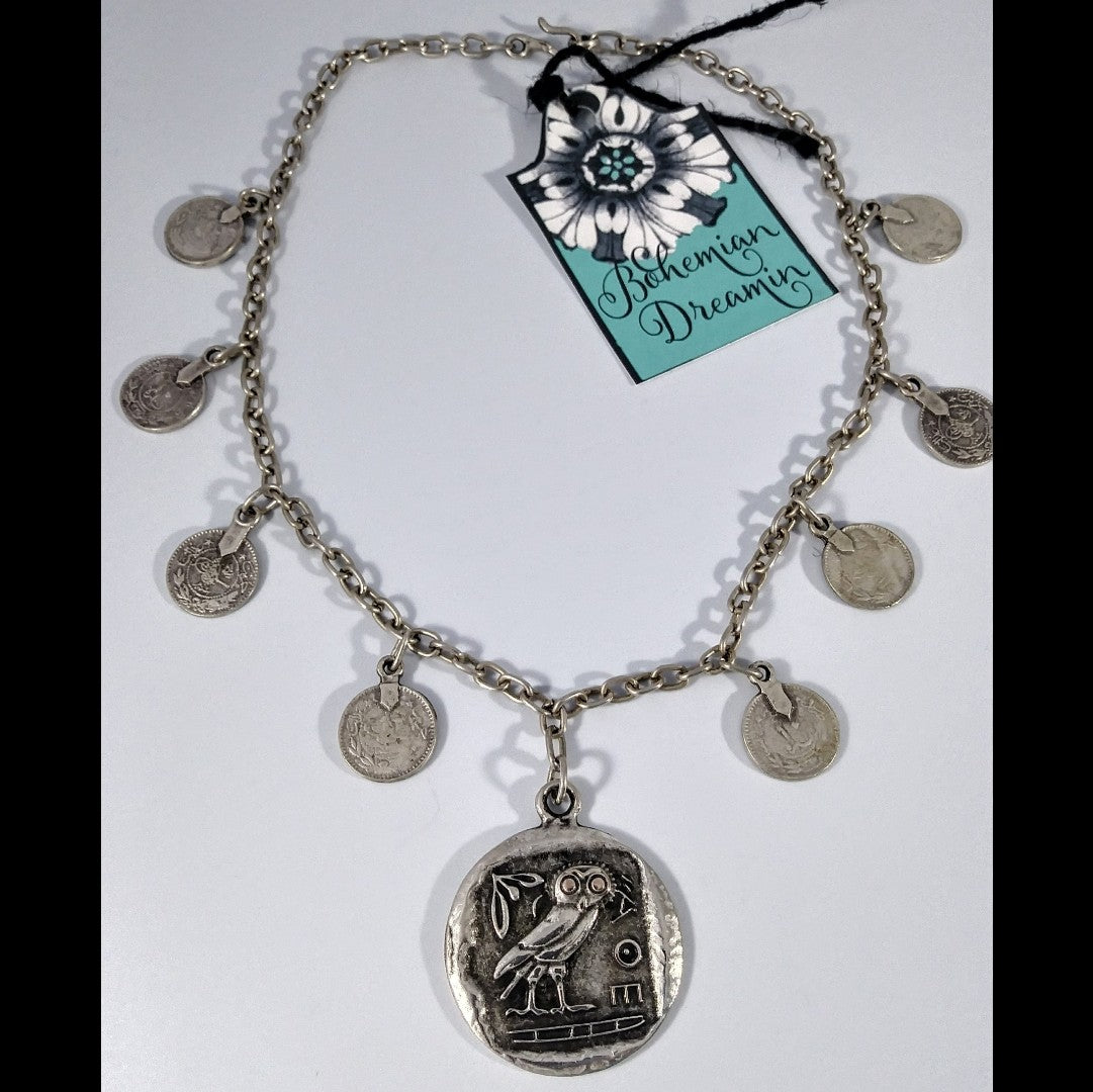 Athena Owl Necklace with Coins
